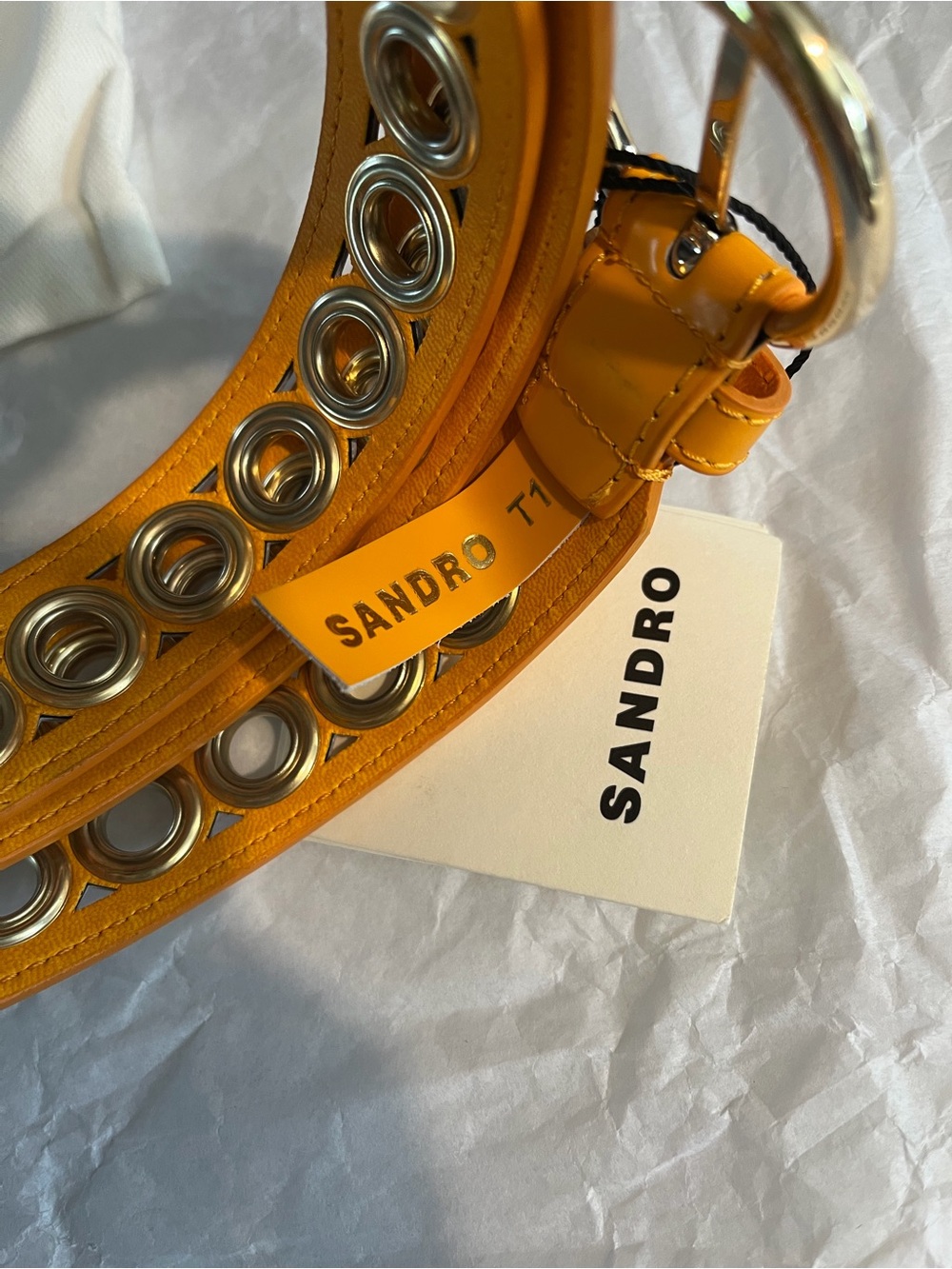 Sandro Yellow Leather Eyelet Belt with Silver Hardware